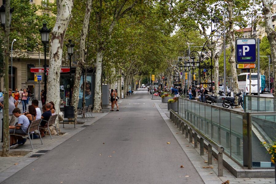 Afternoon scene on La Rambla in Barcelona with crowds