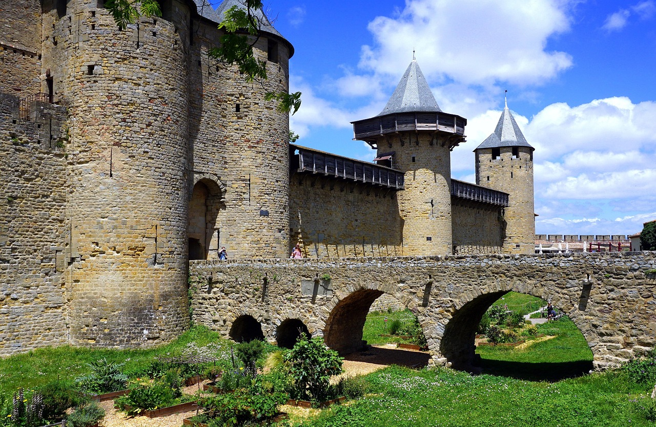 Panoramic view of Carcassonne fortress with towers and walls