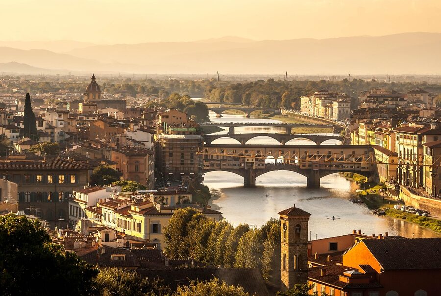 Florence city skyline showing the cathedral dome, bell tower, and red tile rooftops