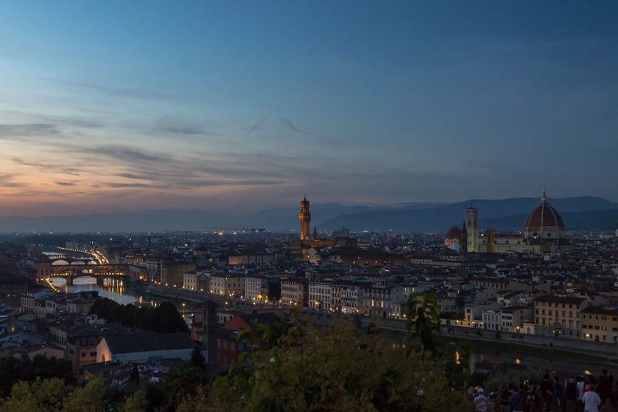 Panoramic twilight view of Florence skyline from Piazzale Michelangelo viewpoint