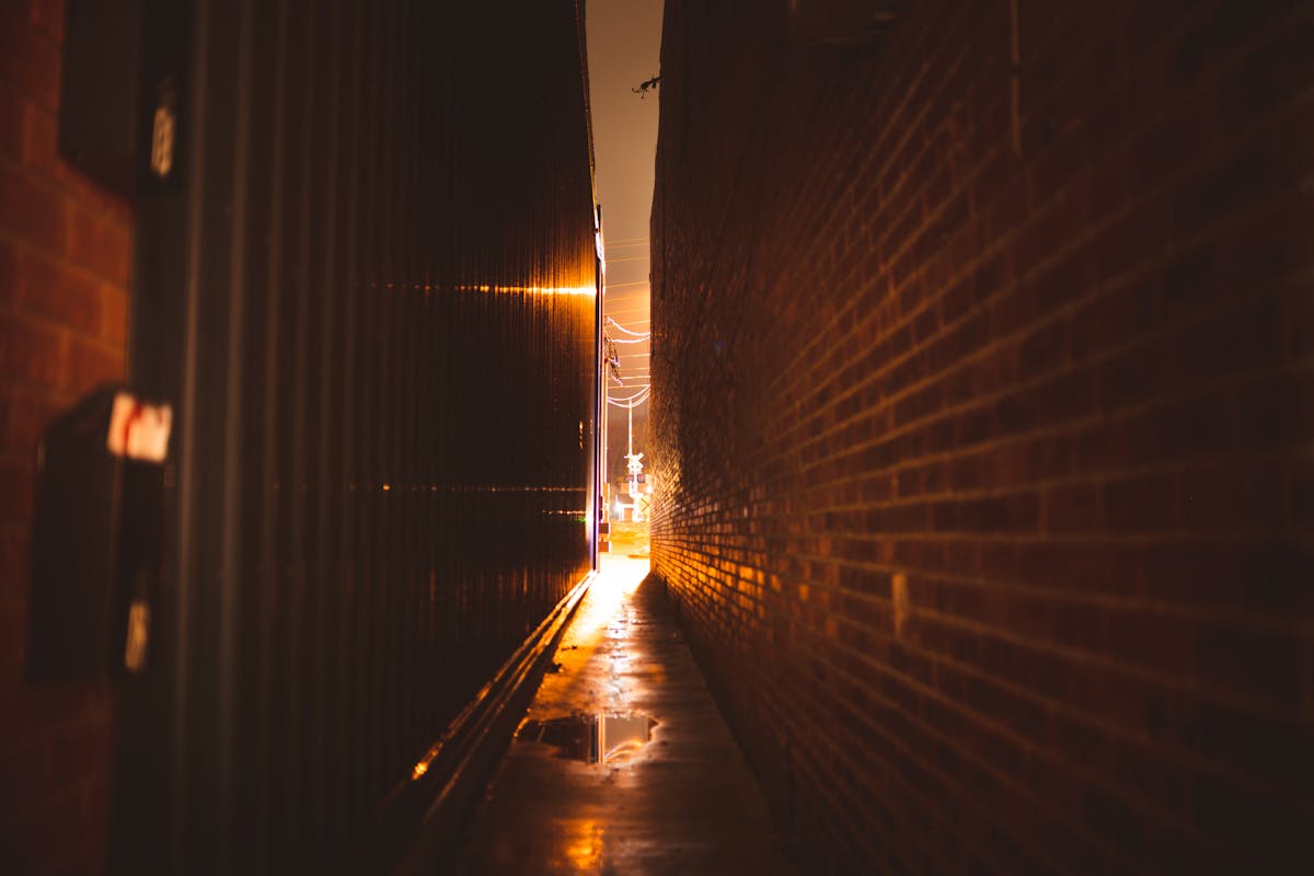 A narrow city alleyway with wet pavement reflecting ambient night light