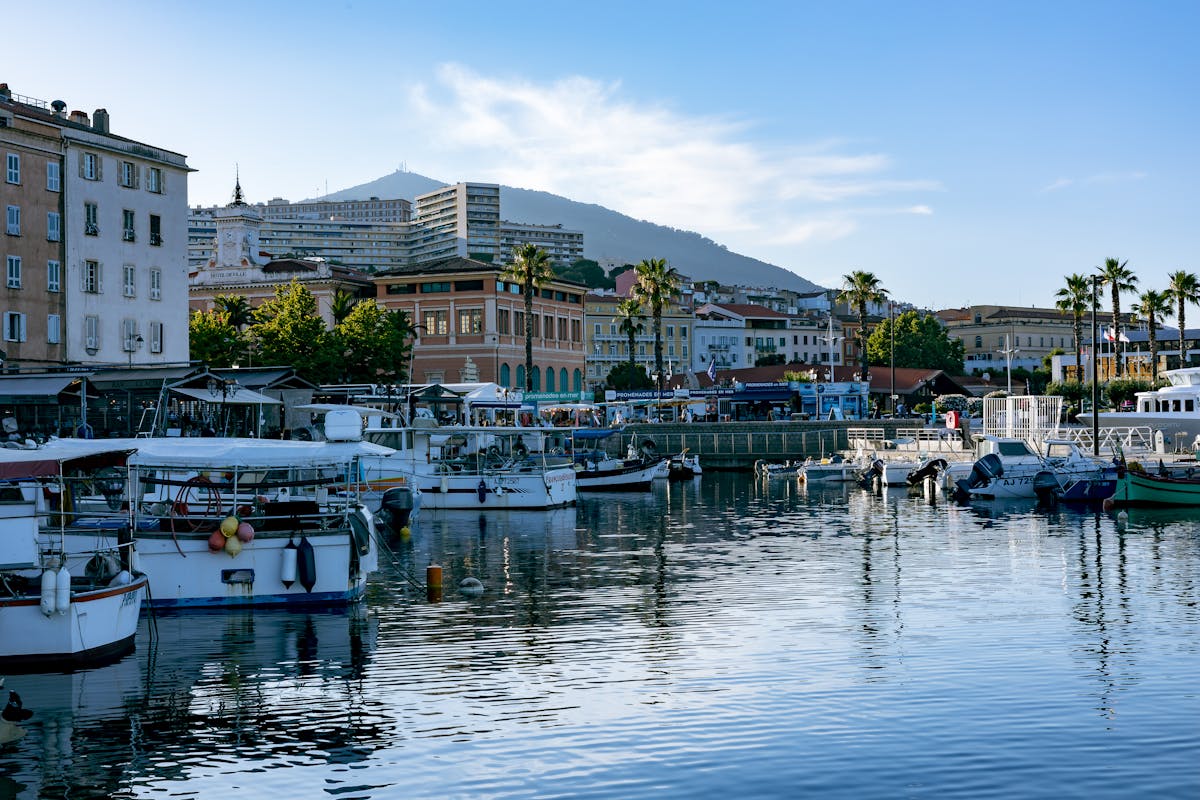 Boats moored in Ajaccio marina with mountains in the background
