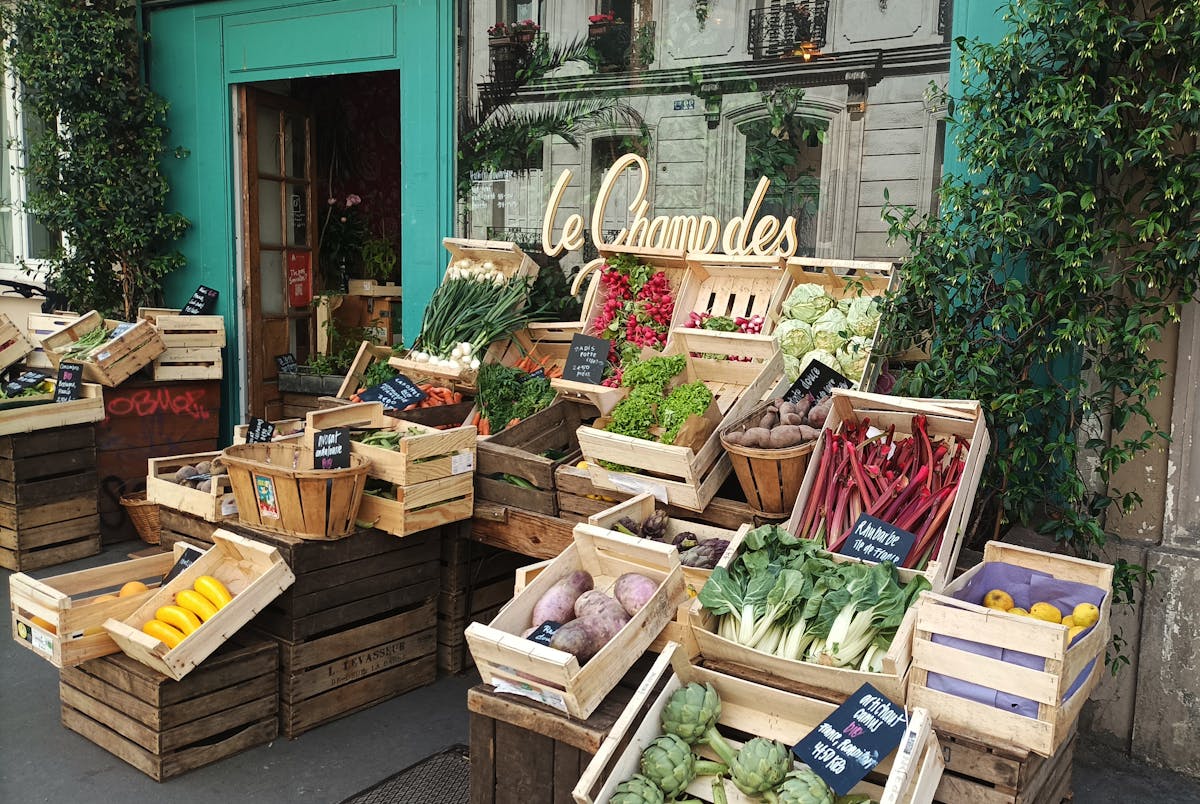 Fruits and vegetables displayed in front of a Paris grocery store
