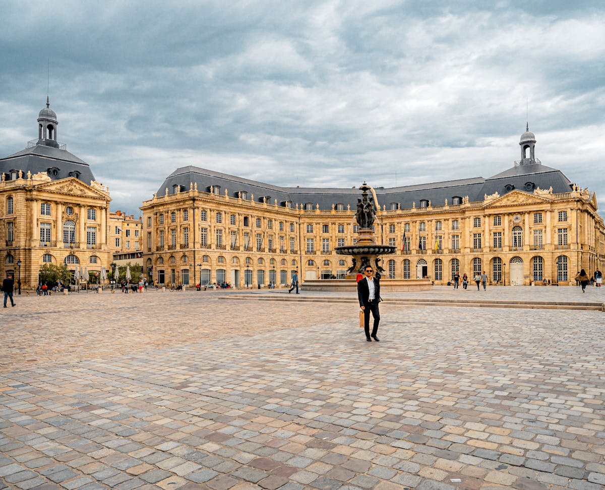 Scenic view of Place de la Bourse with fountain in Bordeaux France