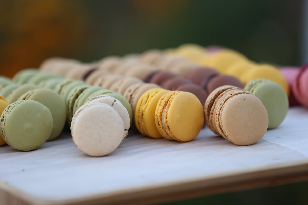 Close-up of French macarons in assorted colors and flavors