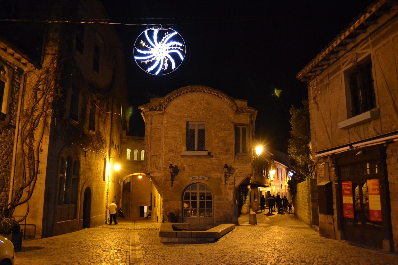 Medieval cobblestone street in Carcassonne at night