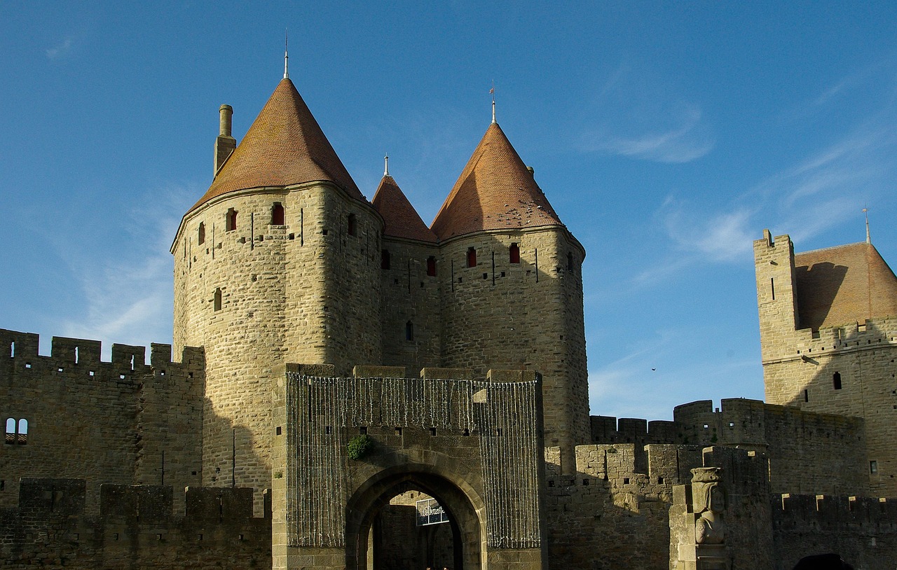Carcassonne ramparts and medieval castle close-up view