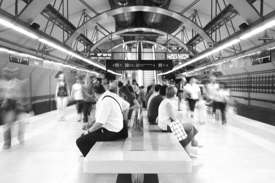 Barcelona metro tunnel with motion blur of approaching train