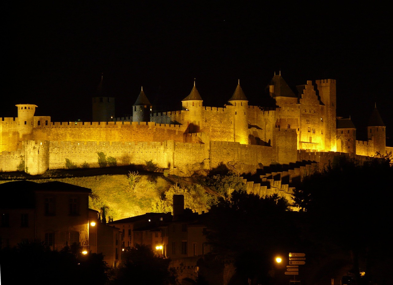 Carcassonne fortress illuminated at night