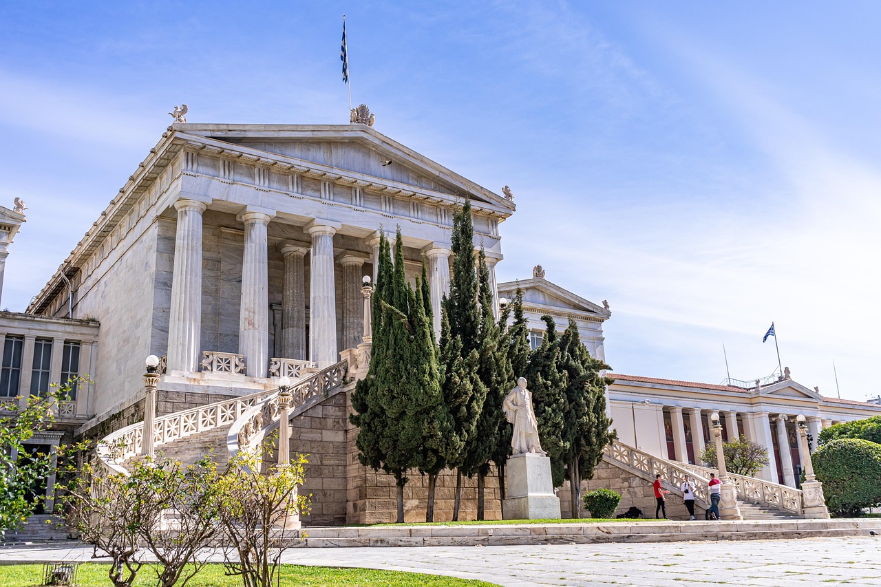 Neoclassical university building in Athens, Greece with columns and Greek architectural details