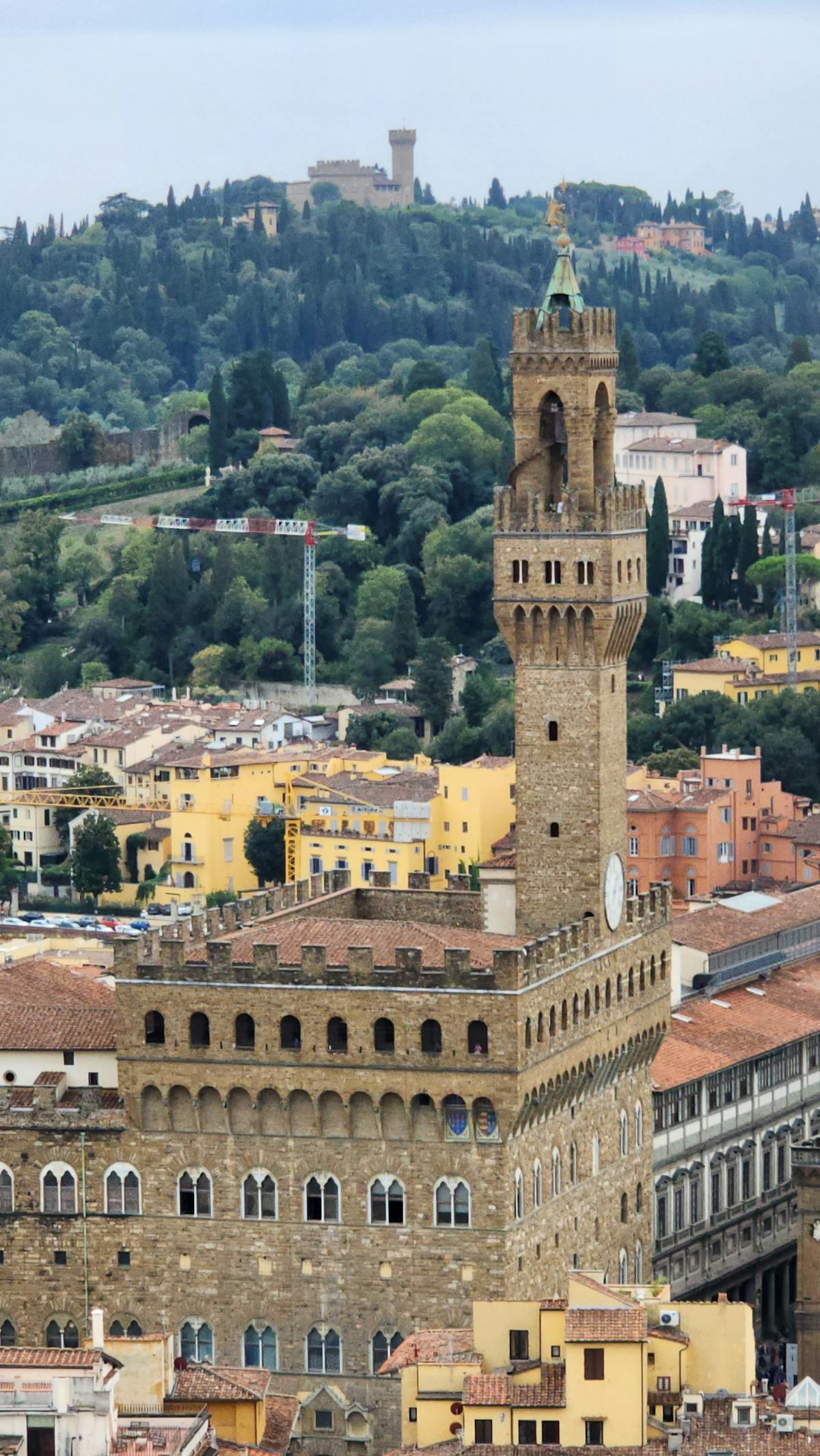 Aerial view of Palazzo Vecchio and the red terracotta rooftops of Florence Italy