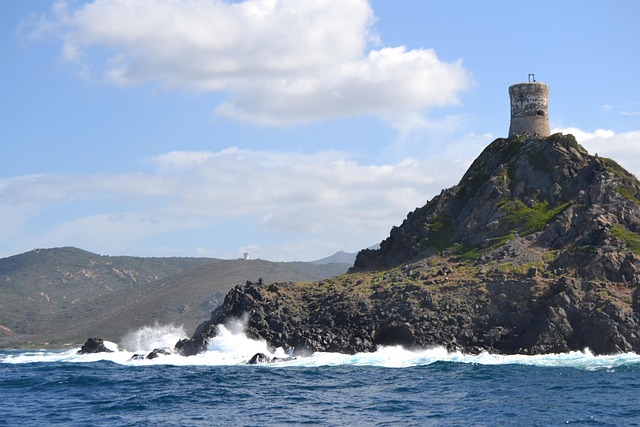 Sanguinaires Islands with Genoese watchtower on rocky coastline