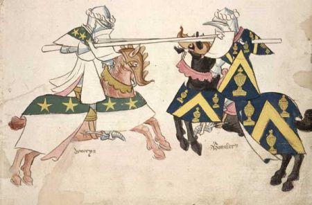 Medieval manuscript miniature of a jousting tournament