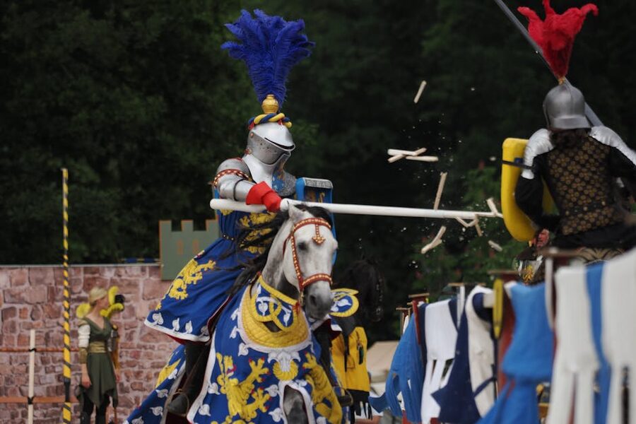 Knights in colourful medieval jousting armour
