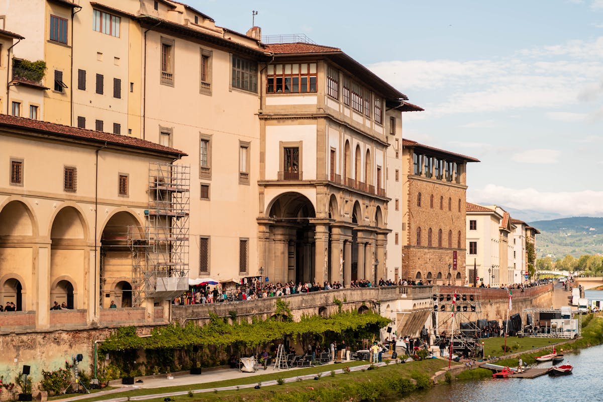 The Uffizi Gallery building seen from the Arno River bank in Florence Italy