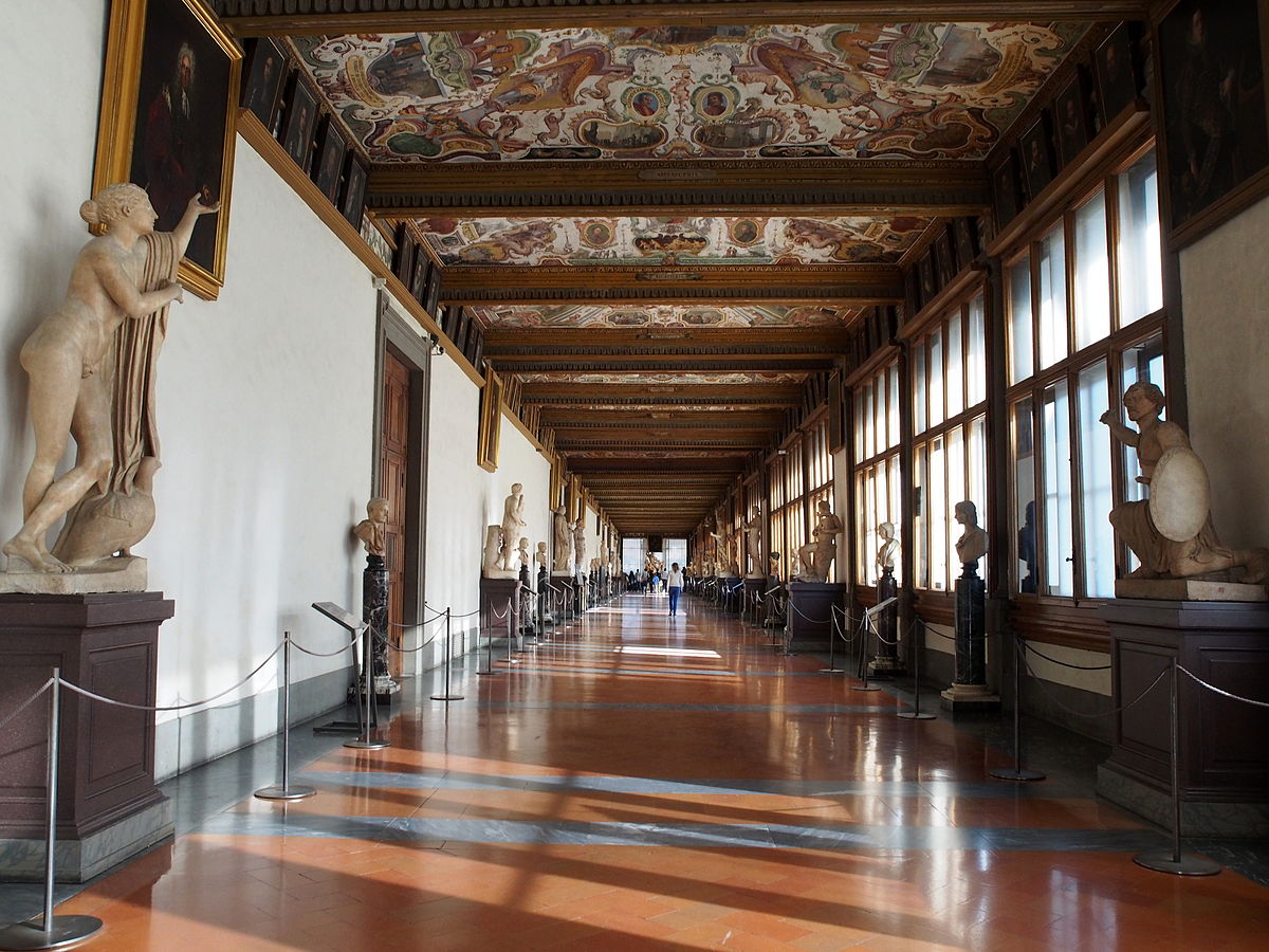 Interior hallway of the Uffizi Gallery in Florence Italy