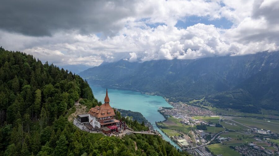Aerial view of Interlaken with mountains and valley