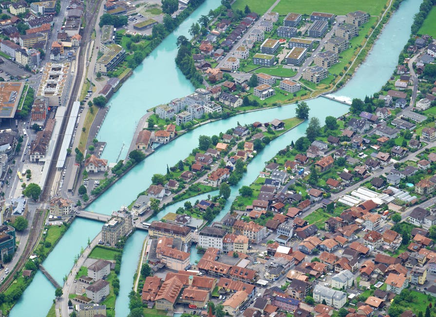 Aerial view of Interlaken with rivers and bridges