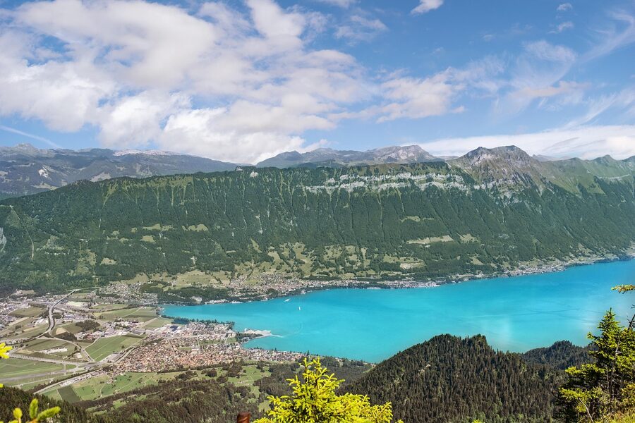 Panoramic view of Interlaken Switzerland between Lake Thun and Lake Brienz