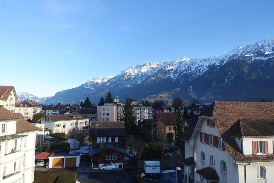 Interlaken town surrounded by Swiss Alps and mountains