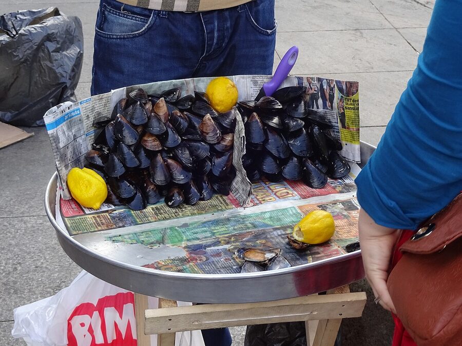Istanbul stuffed mussels street vendor