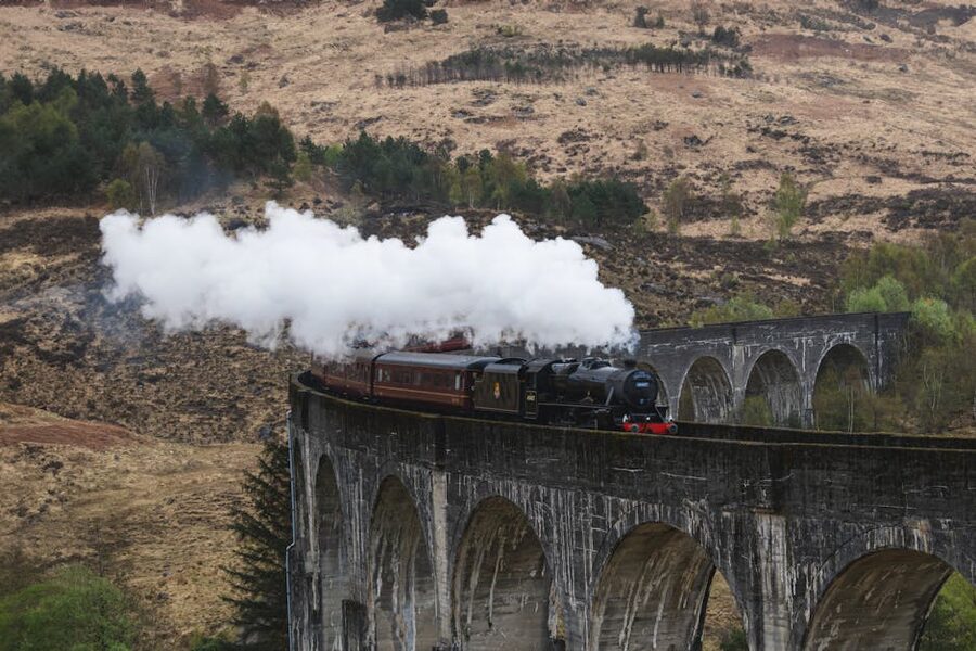 Vintage steam locomotive crossing viaduct
