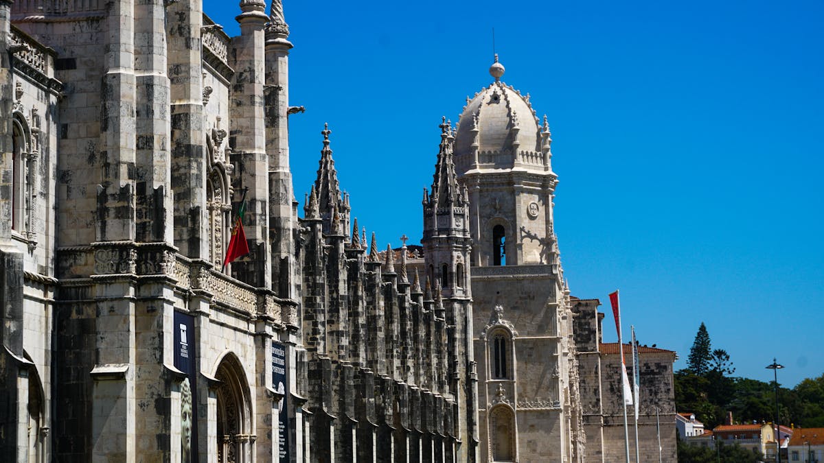 Detailed Manueline stonework on the facade of Jeronimos Monastery