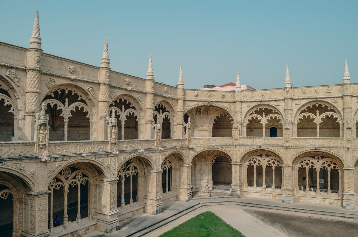 Interior Gothic arches and stonework of Jeronimos Monastery