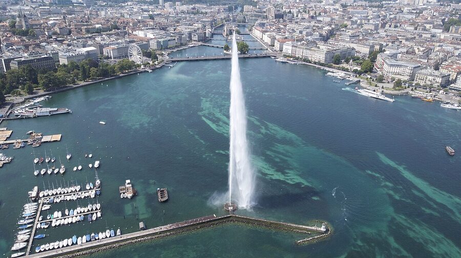 Jet d Eau aerial view Geneva fountain