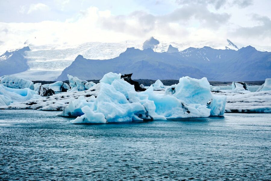 Blue icebergs floating in Jokulsarlon Glacier Lagoon Iceland