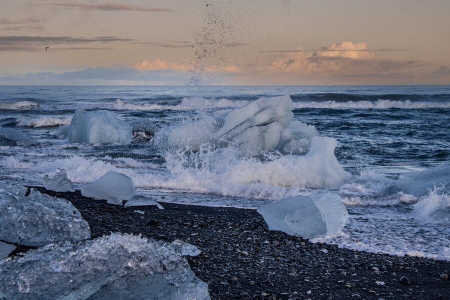 Iceberg fragments on Diamond Beach black sand