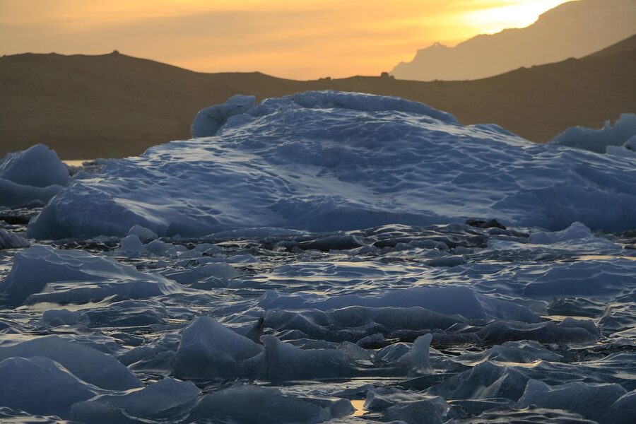 Sunset over Jokulsarlon iceberg Iceland