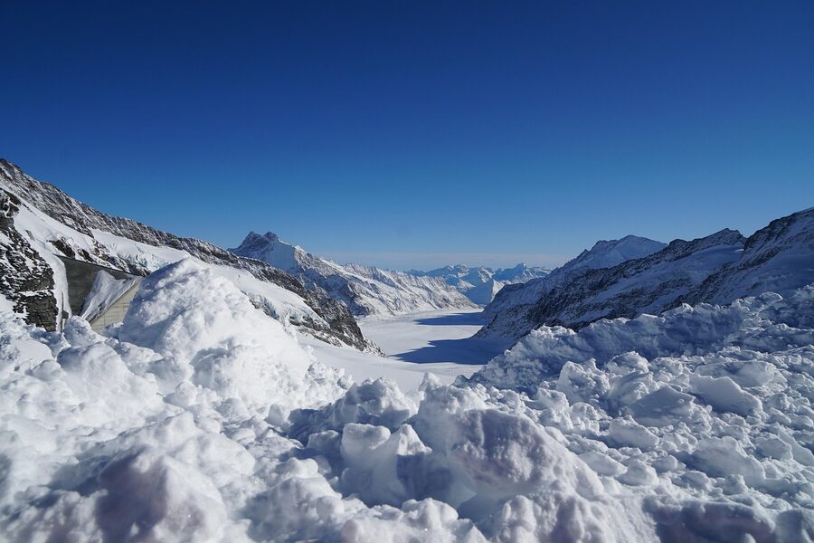 Snow-covered landscape at Jungfraujoch summit with mountain peaks and glacier views