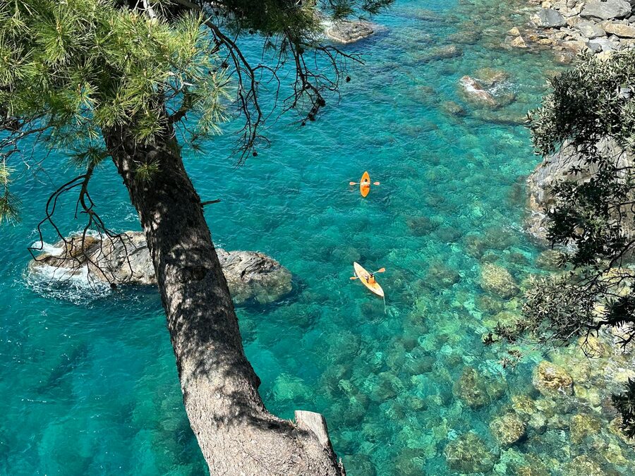 Aerial view of kayakers paddling in clear turquoise coastal waters