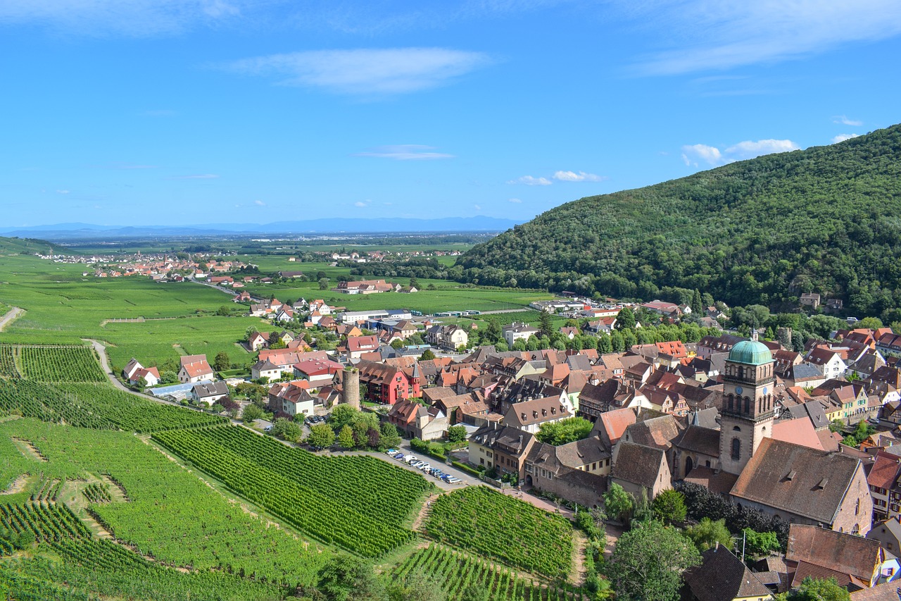 Panoramic view of Kaysersberg village with surrounding vineyards in Alsace