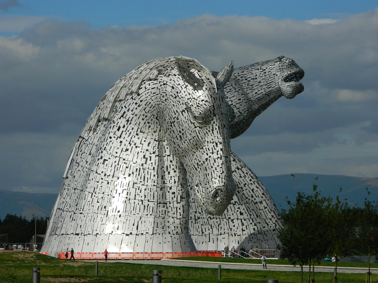 Stainless steel Kelpies horse head sculptures beside a canal in Falkirk Scotland
