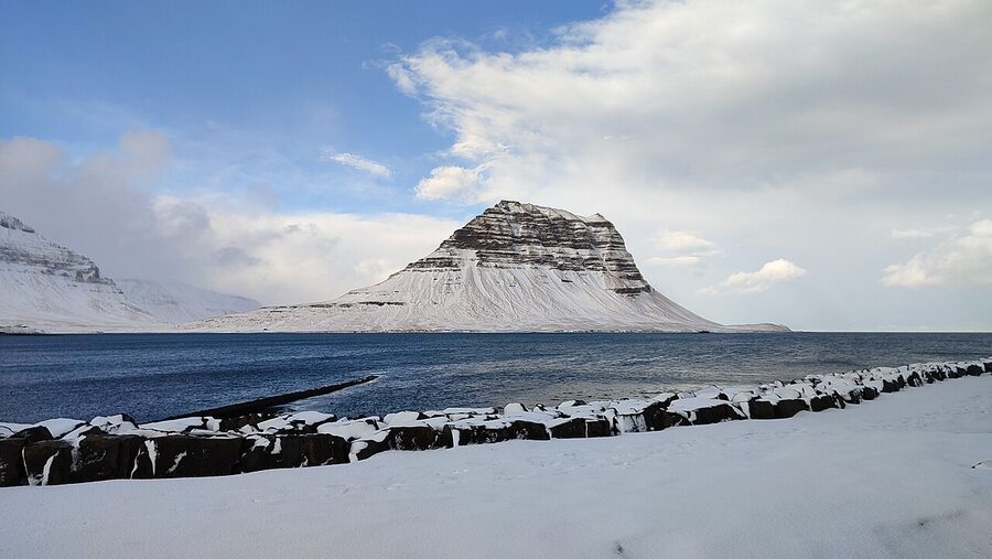 Kirkjufell mountain in winter snow Iceland
