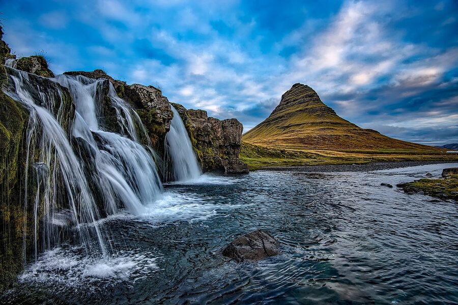 Kirkjufellsfoss waterfall with Kirkjufell mountain Iceland
