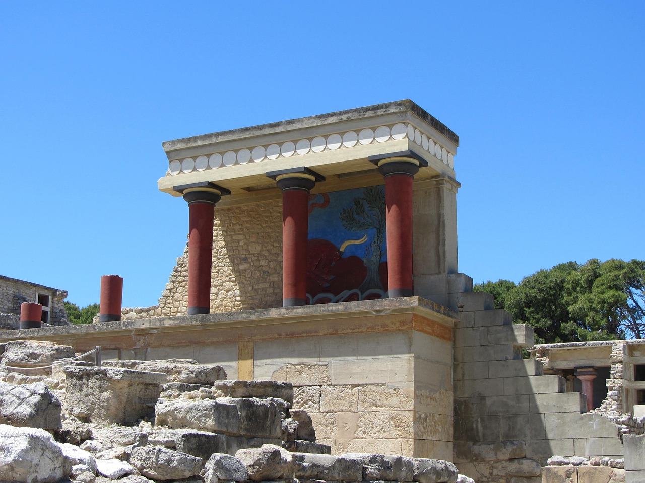 Minoan bull fresco at Knossos Palace in Crete