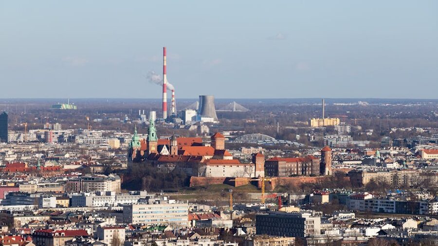 Aerial view of Krakow with Wawel Castle and Vistula