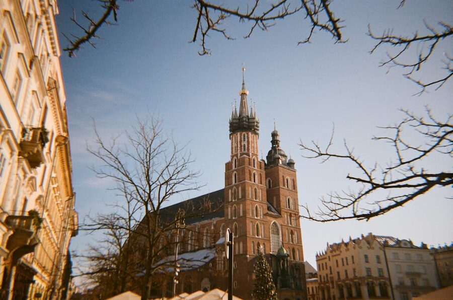 St Marys Basilica Krakow under winter sky