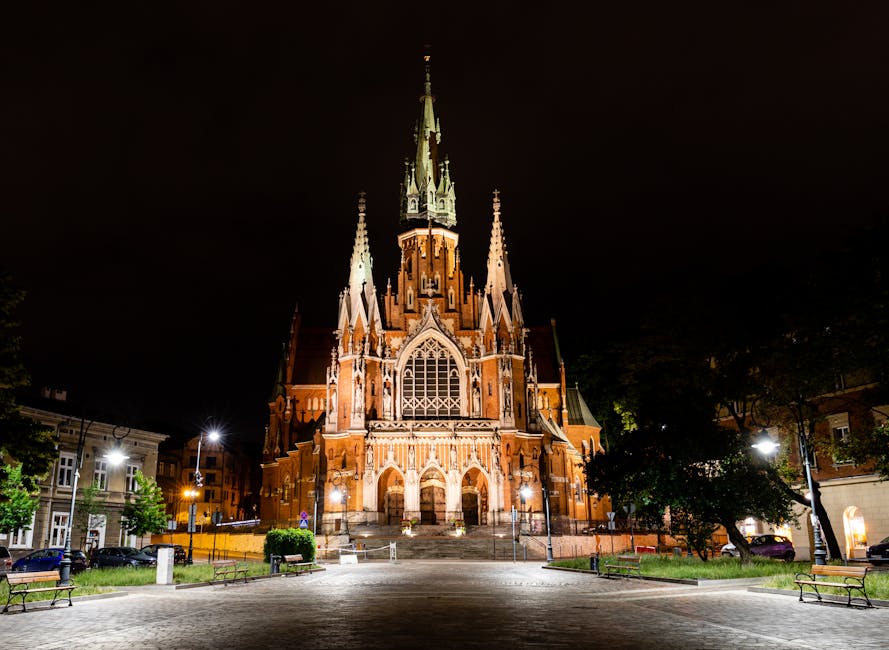 Church on the Rock illuminated at night near the Vistula in Krakow