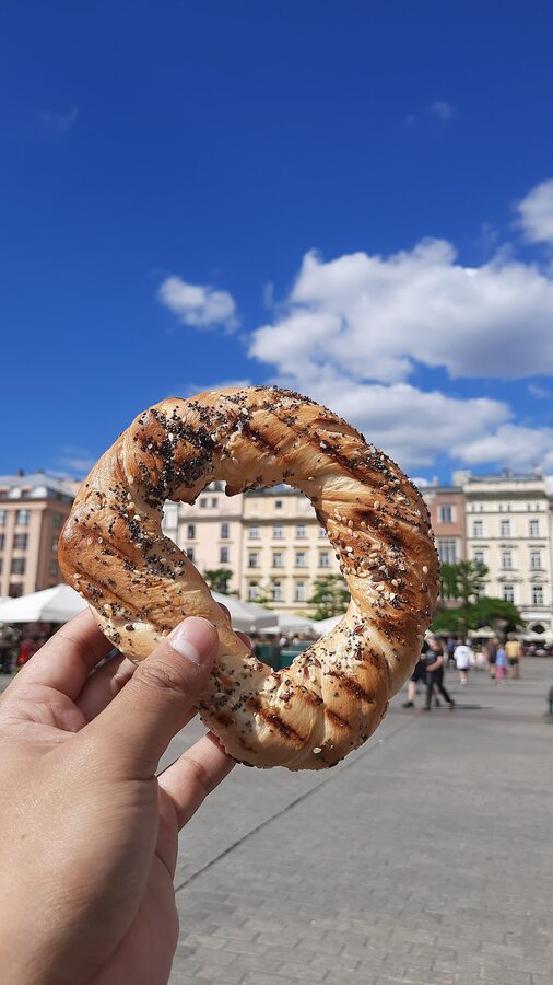 Obwarzanek krakowski Polish braided bread rings on display