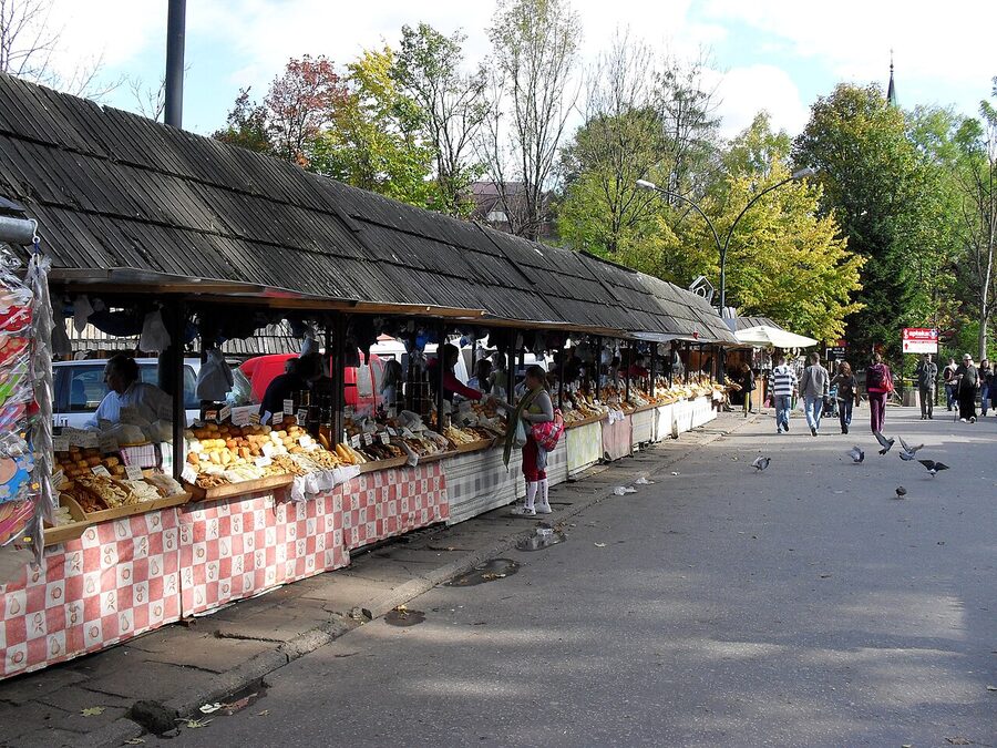 Oscypek smoked sheep cheese stall display Tatra mountain region