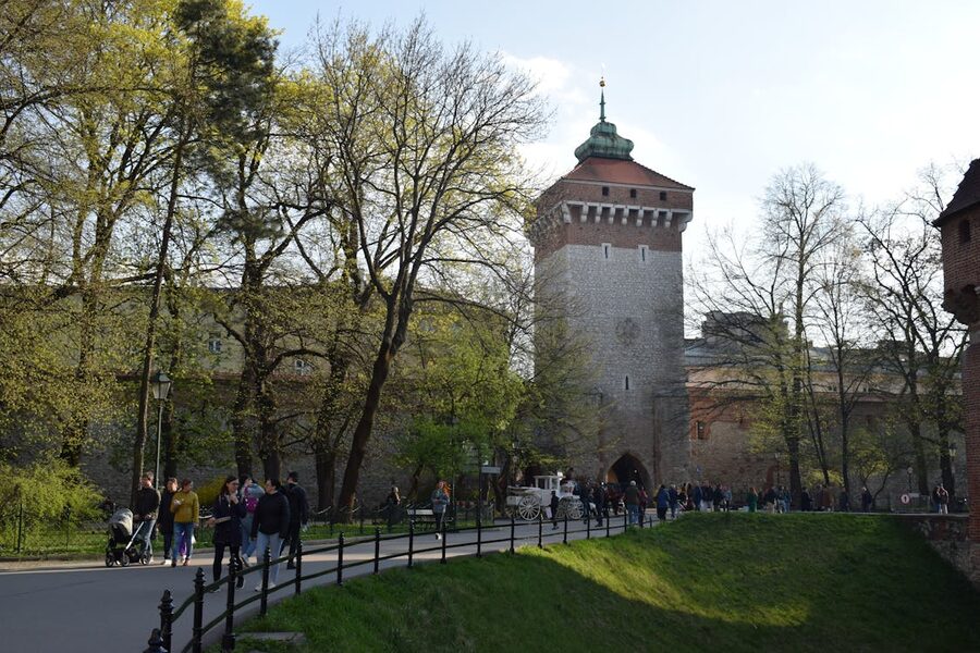 Krakow city wall and tower in spring