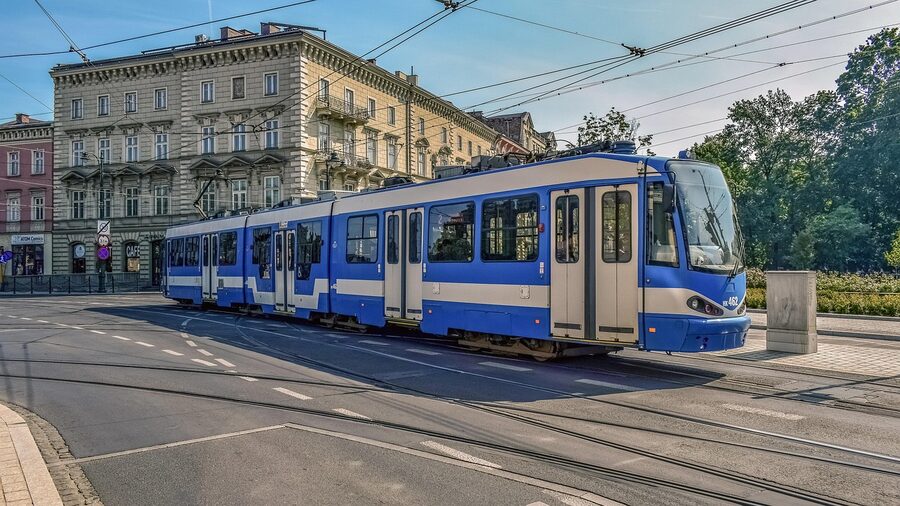 Tram and traffic on Krakow city street