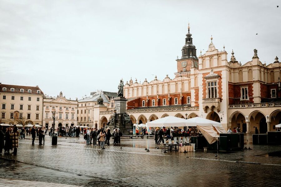 Krakow Cloth Hall and Adam Mickiewicz statue