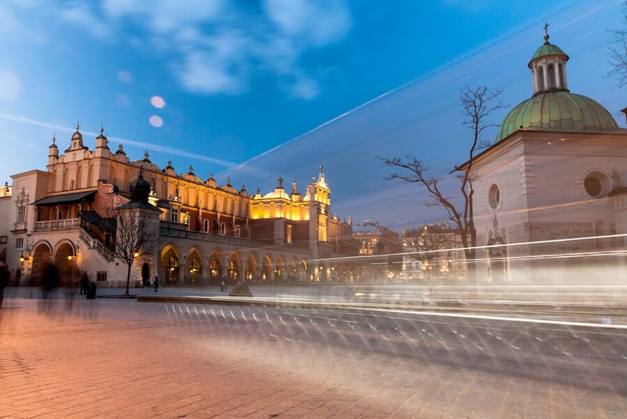 Krakow Cloth Hall illuminated at twilight