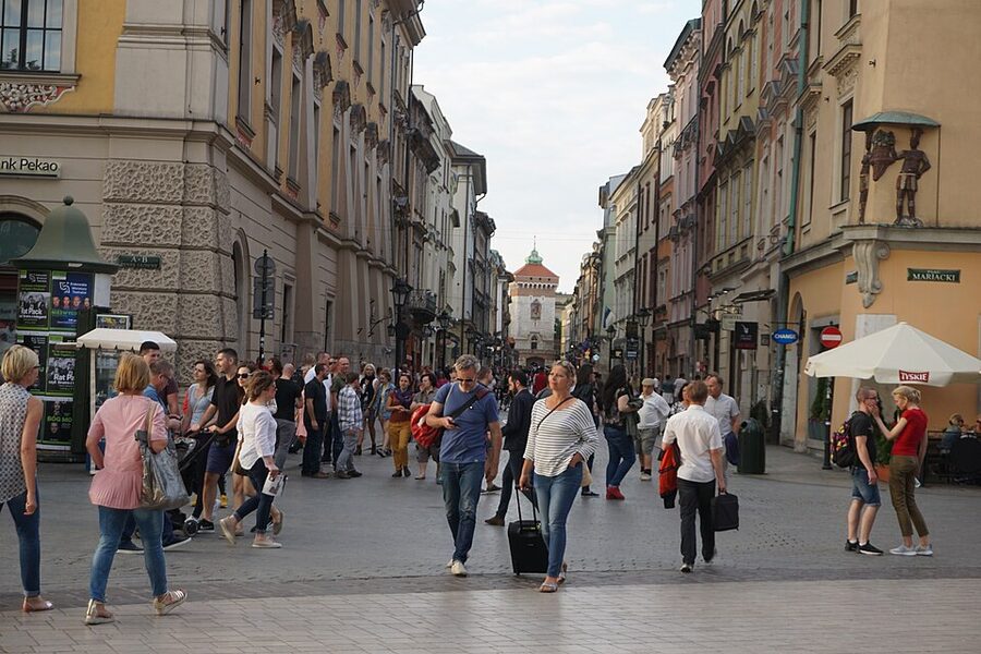 Aerial view of Rynek Glowny in Krakow with the Cloth Hall visible