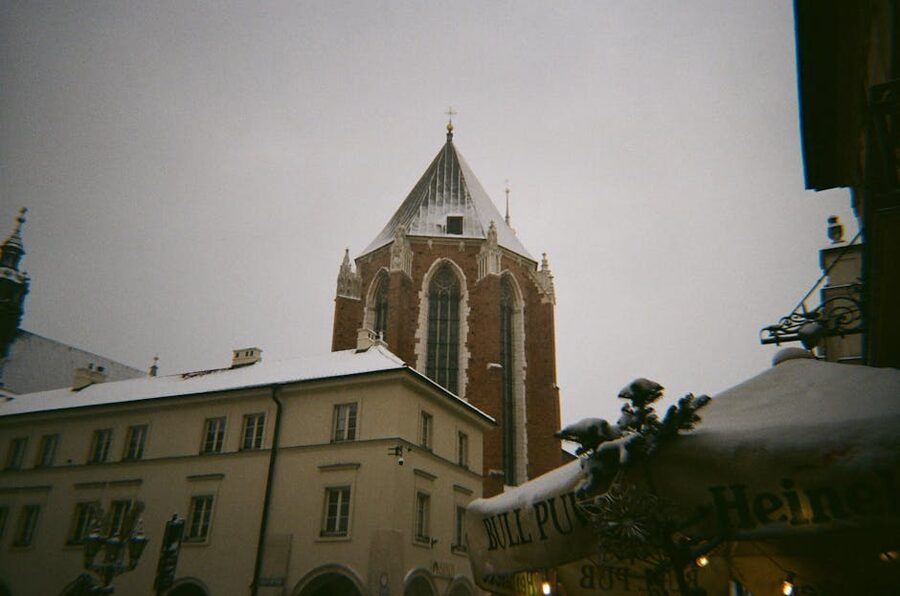 Krakow Old Town streets covered in snow